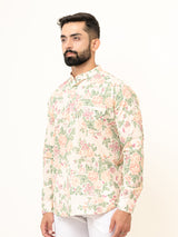 Off White Full Sleeve Sanganer Printed Short Kurta For Men