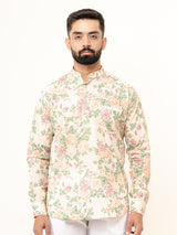 Off White Full Sleeve Sanganer Printed Short Kurta For Men