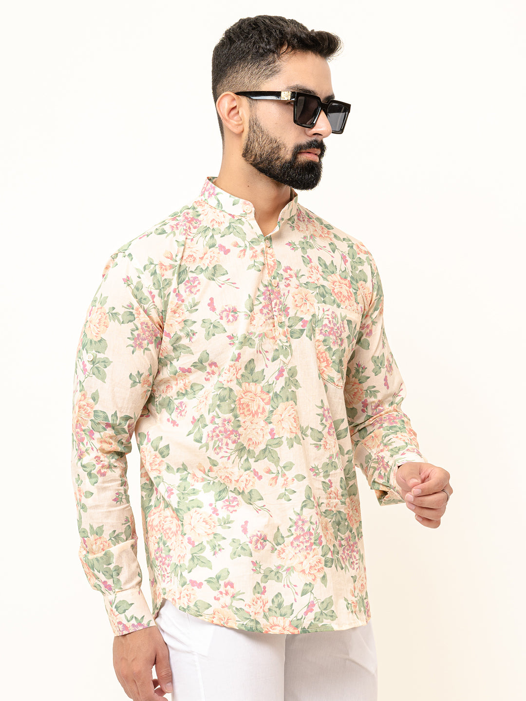 Off White Full Sleeve Sanganer Printed Short Kurta For Men