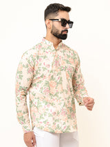 Off White Full Sleeve Sanganer Printed Short Kurta For Men