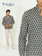 Light Brown Full Sleeve Sanganeri Printed Short Kurta For Men