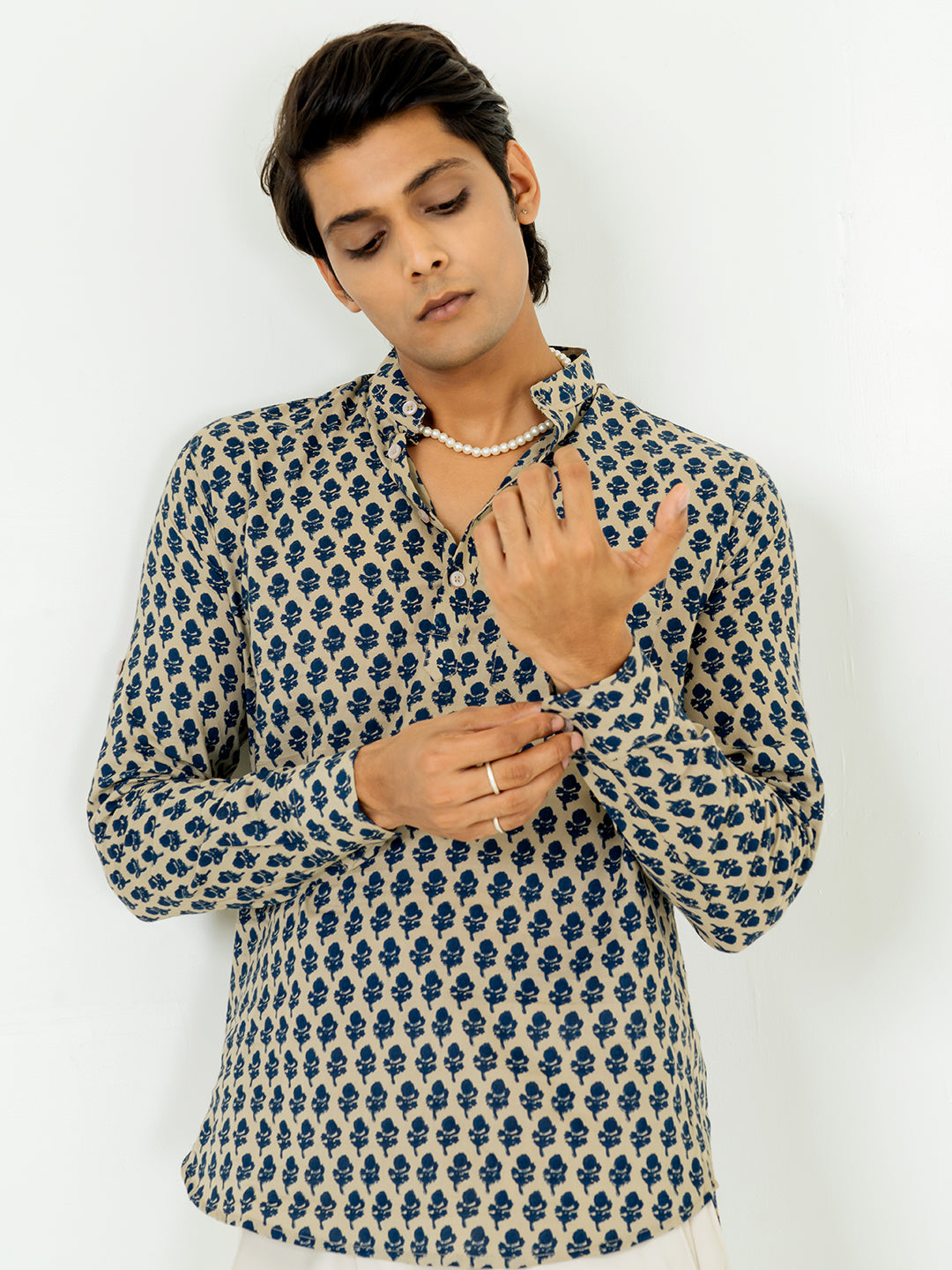 Light Brown Full Sleeve Sanganeri Printed Short Kurta For Men