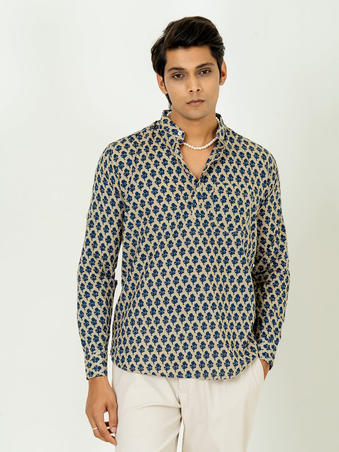 Light Brown Full Sleeve Sanganeri Printed Short Kurta For Men