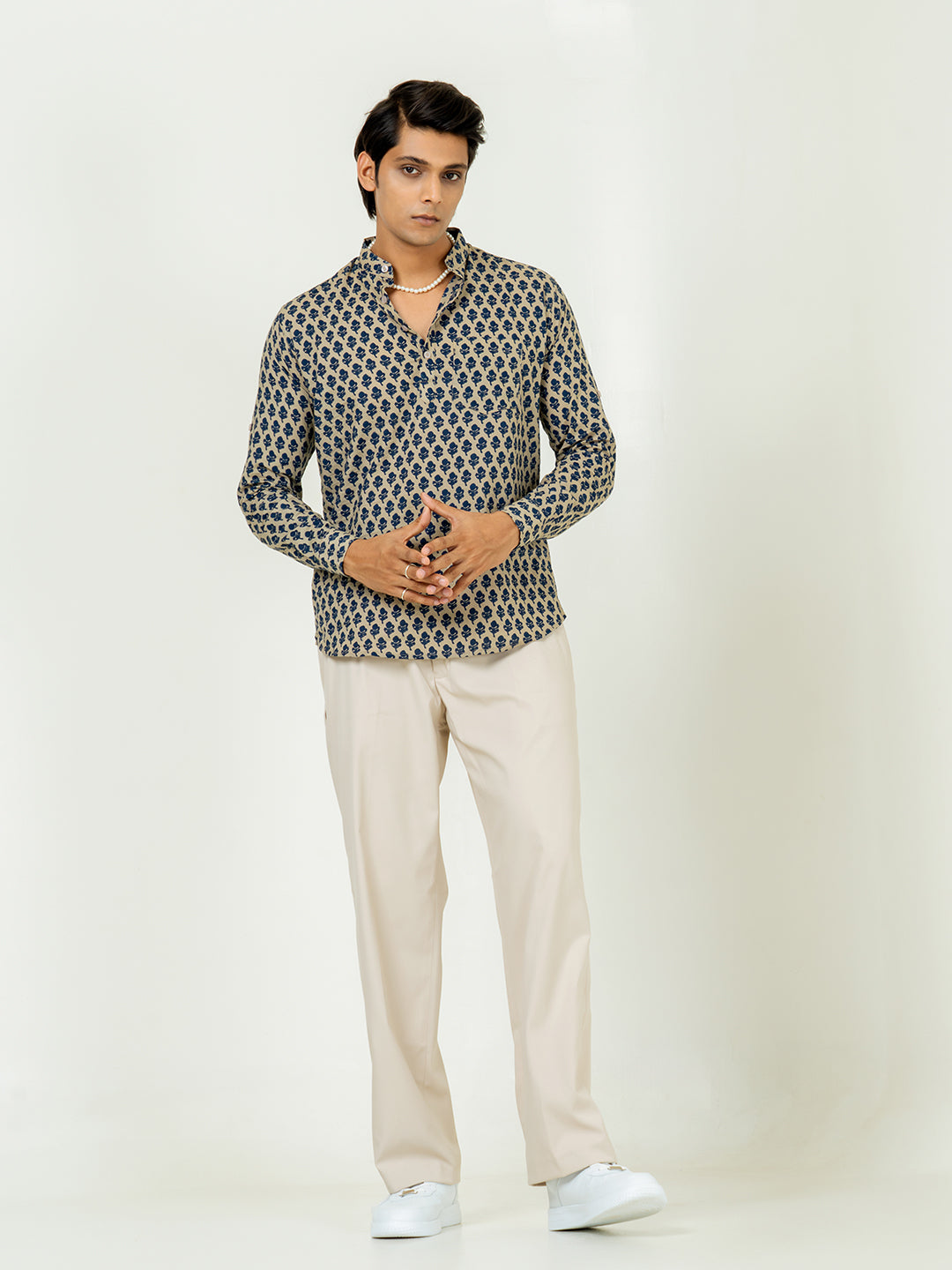 Light Brown Full Sleeve Sanganeri Printed Short Kurta For Men