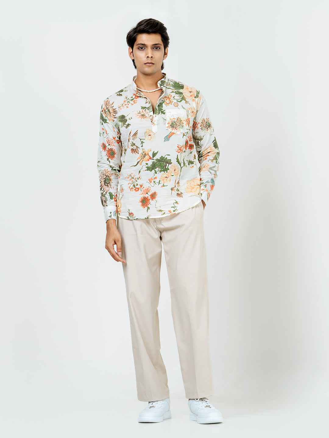 Off White Full Sleeve Sanganer Floral Printed Short Kurta For Men