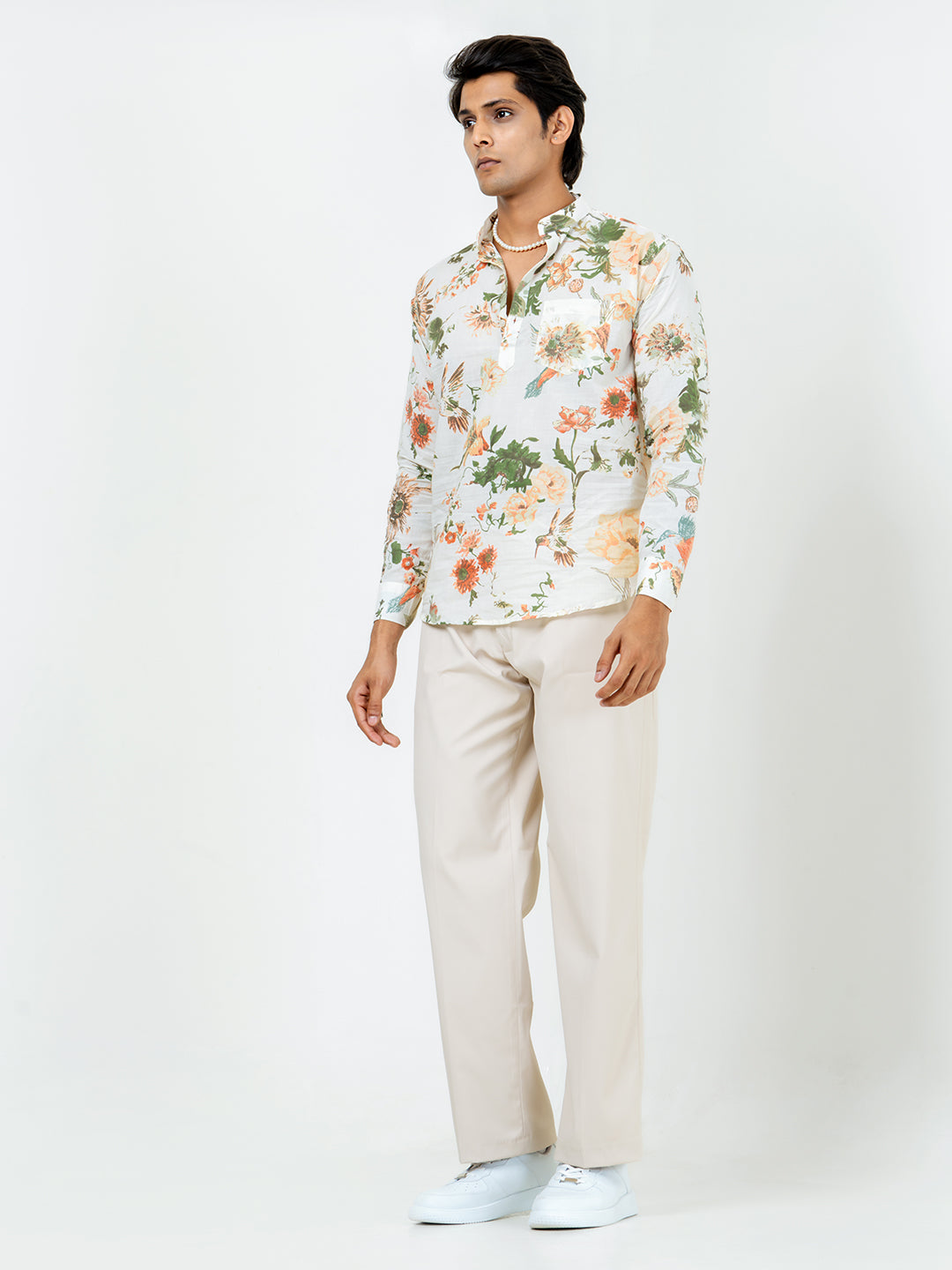 Off White Full Sleeve Sanganer Floral Printed Short Kurta For Men