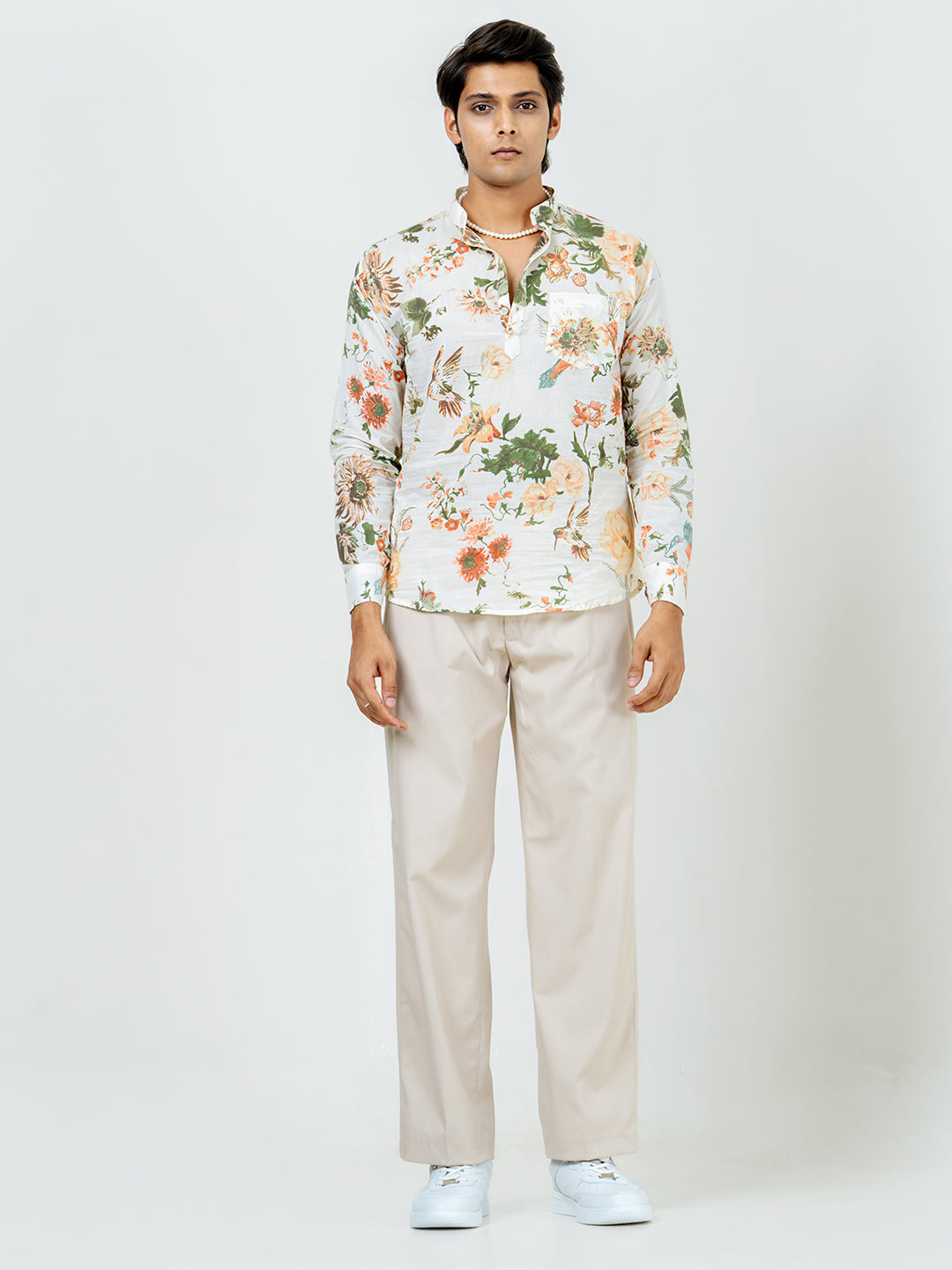 Off White Full Sleeve Sanganer Floral Printed Short Kurta For Men