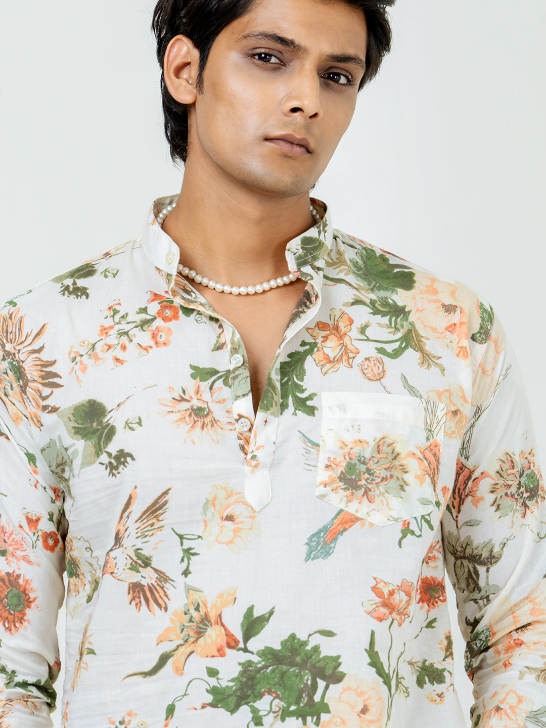 Off White Full Sleeve Sanganer Floral Printed Short Kurta For Men