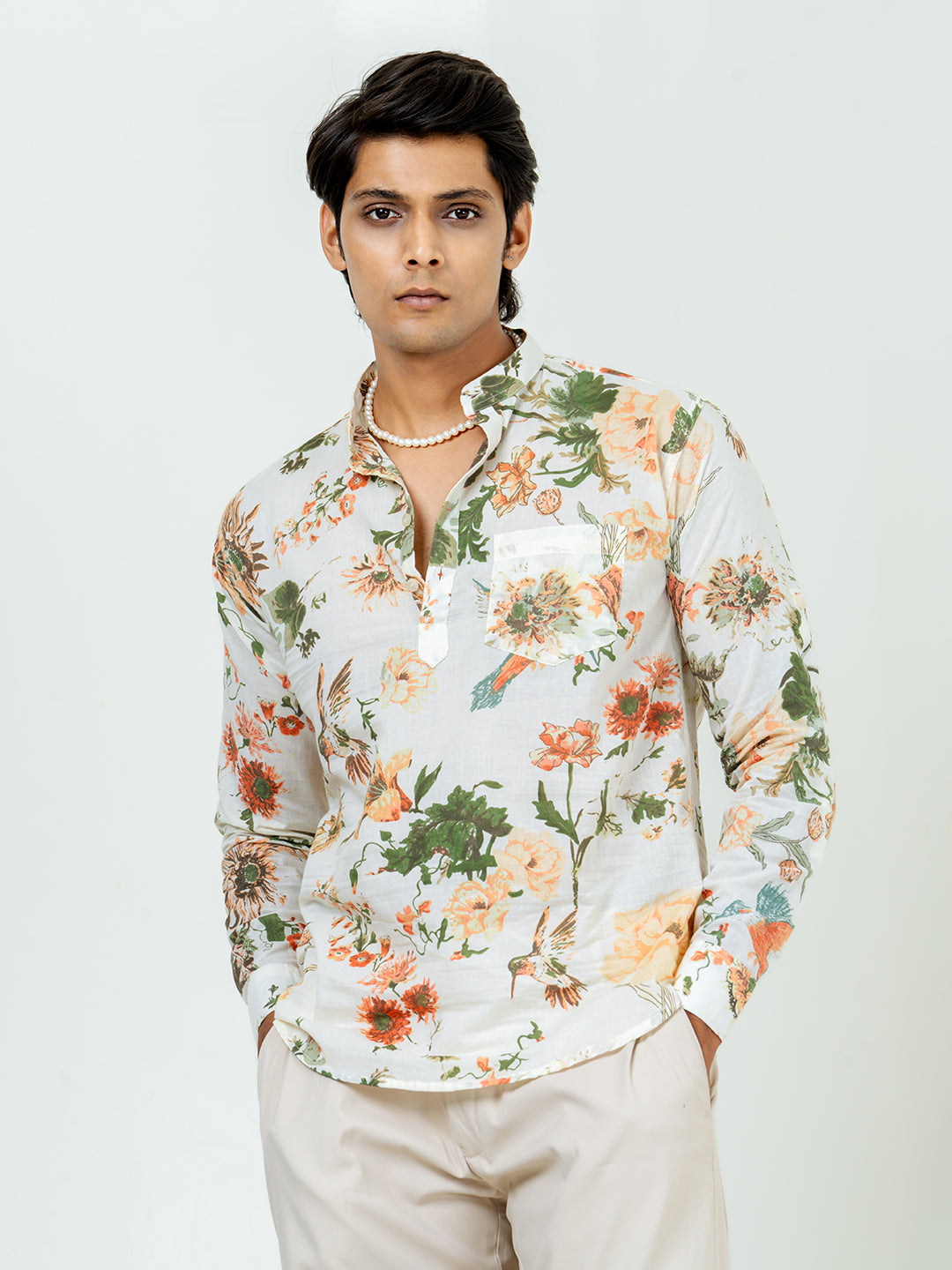 Off White Full Sleeve Sanganer Floral Printed Short Kurta For Men