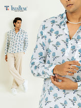 White Full Sleeve Sanganeri Flower Printed Short Kurta For Men