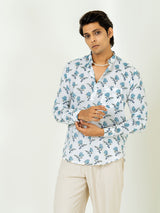 White Full Sleeve Sanganeri Flower Printed Short Kurta For Men