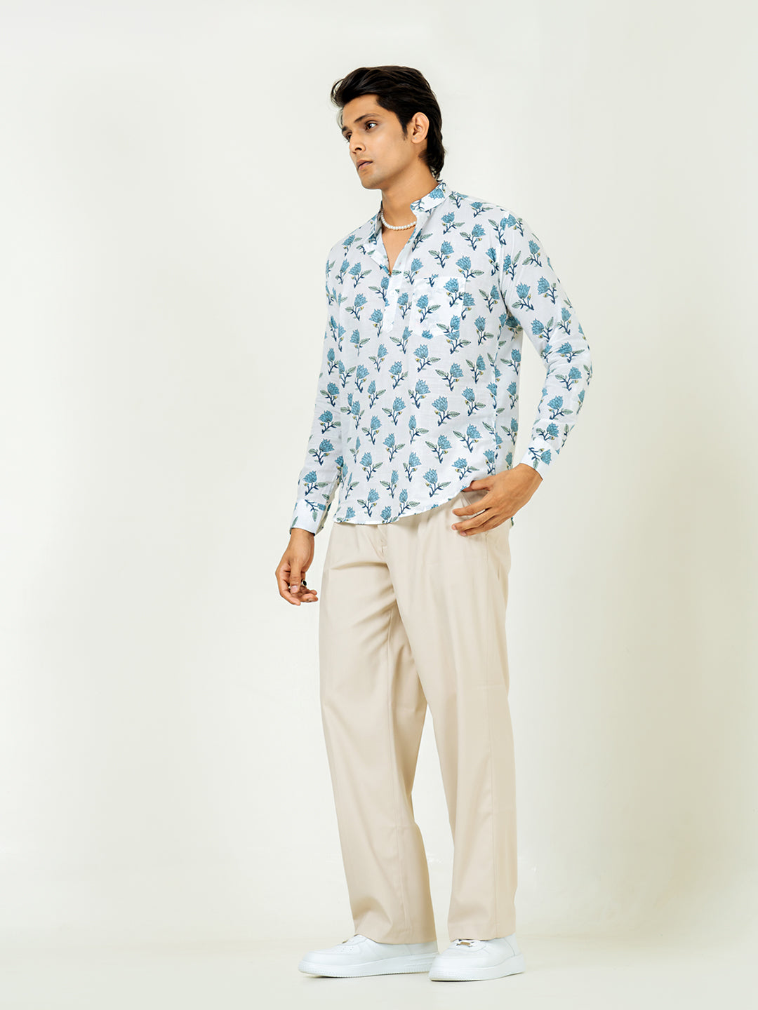 White Full Sleeve Sanganeri Flower Printed Short Kurta For Men