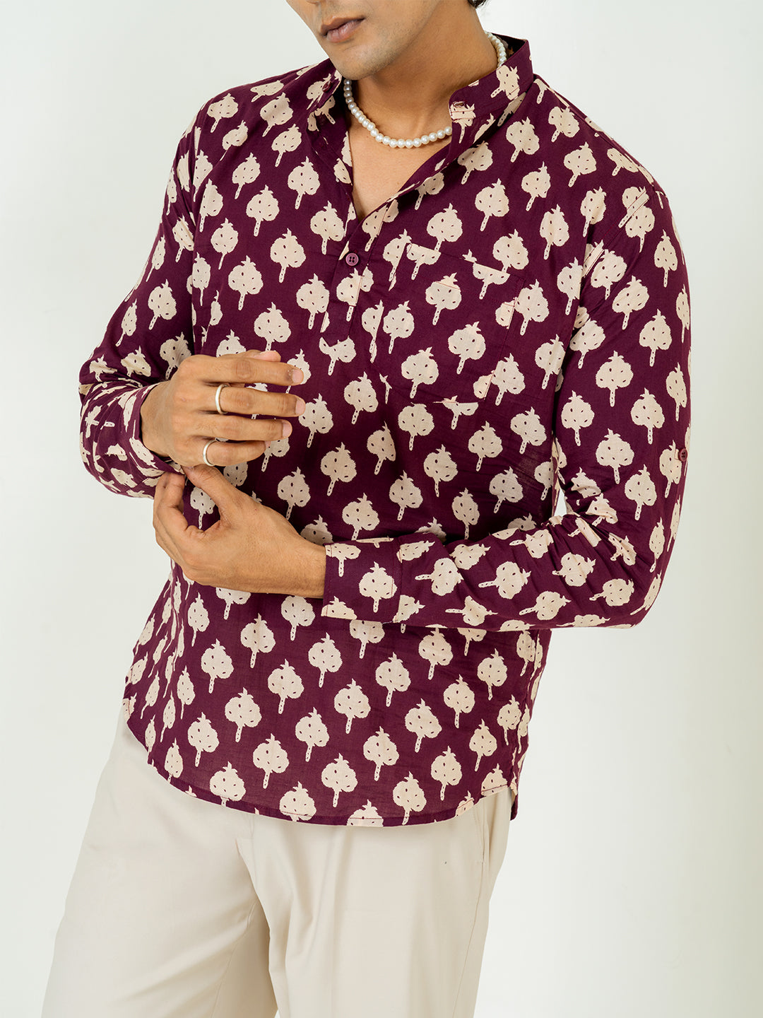 Maroon Sanganeri Printed Short Kurta For Men