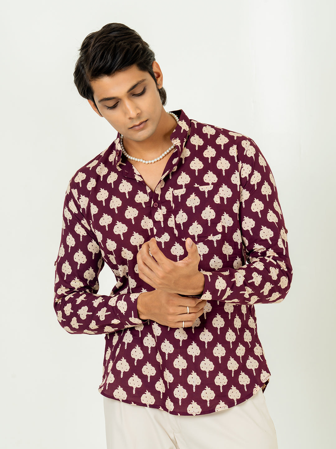 Maroon Sanganeri Printed Short Kurta For Men