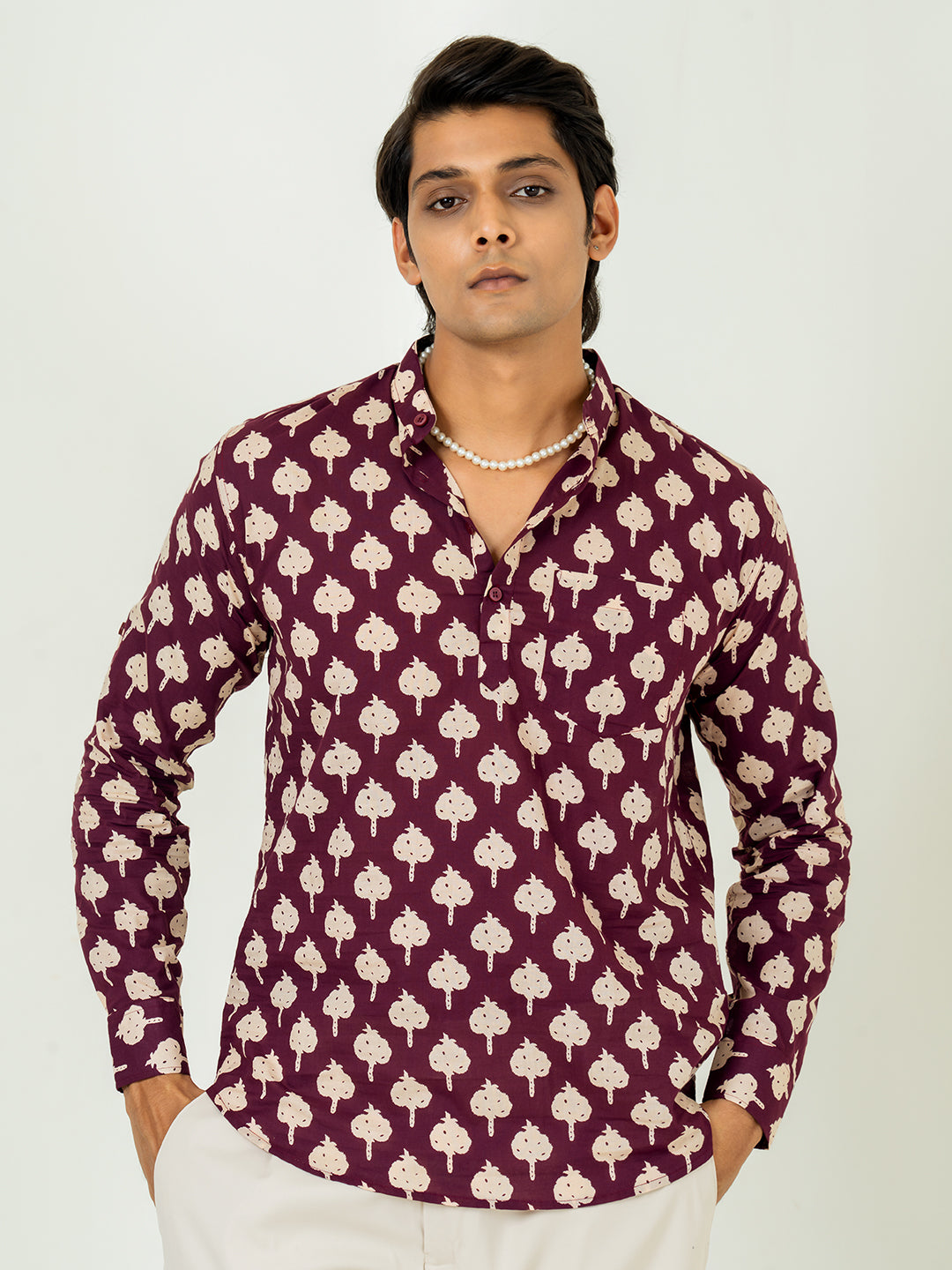 Maroon Sanganeri Printed Short Kurta For Men