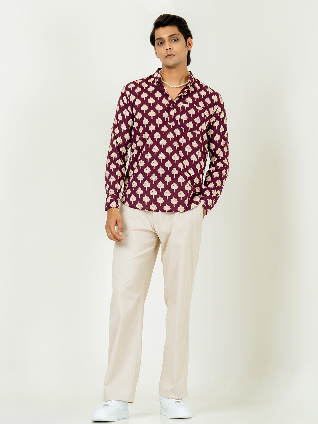 Maroon Sanganeri Printed Short Kurta For Men