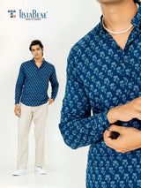 Blue Small Floral Full Sleeve Printed Short Kurta For Men