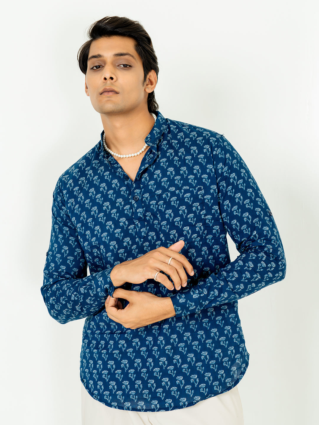 Blue Small Floral Full Sleeve Printed Short Kurta For Men