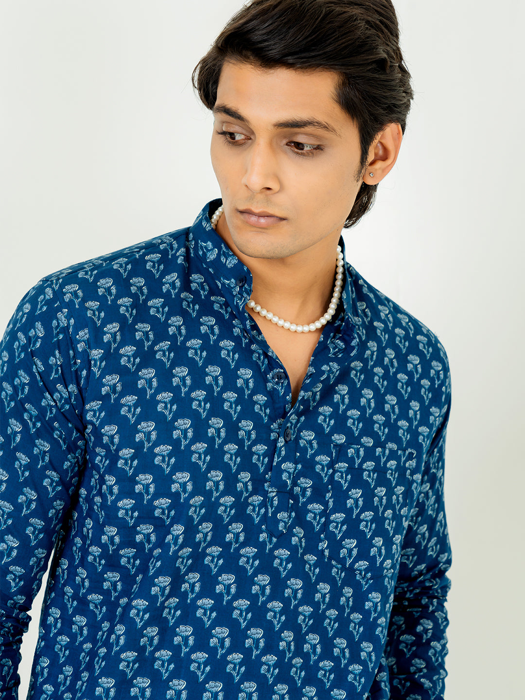 Blue Small Floral Full Sleeve Printed Short Kurta For Men