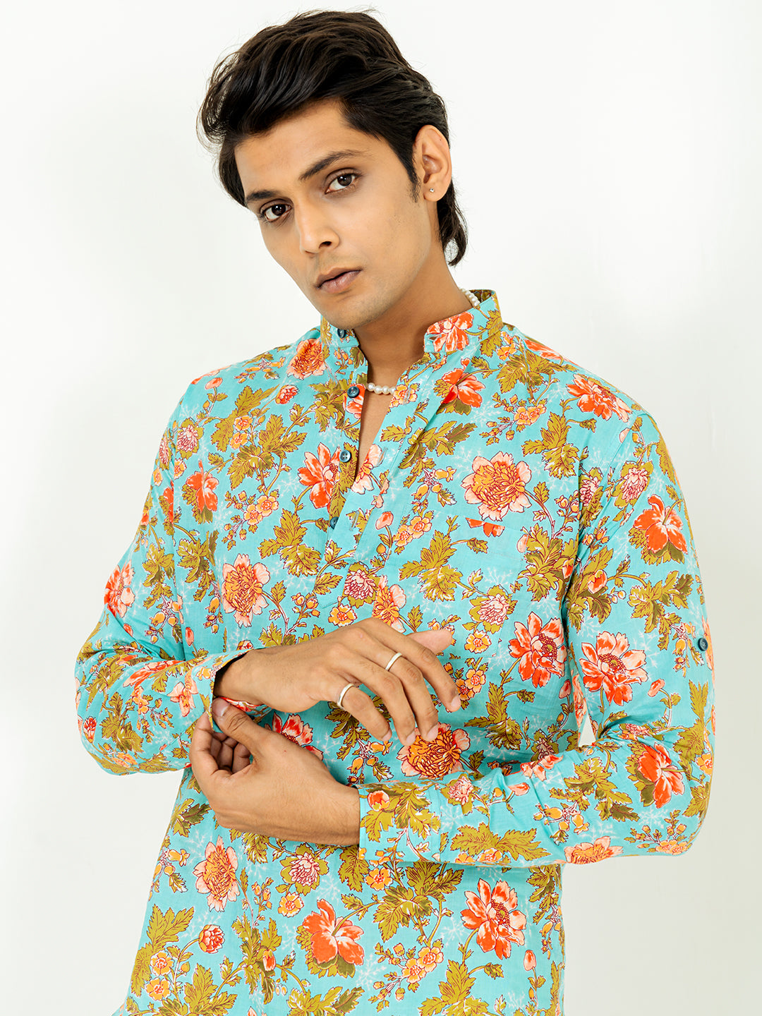 Middle Blue Full Sleeve Sanganeri Printed Short Kurta For Men