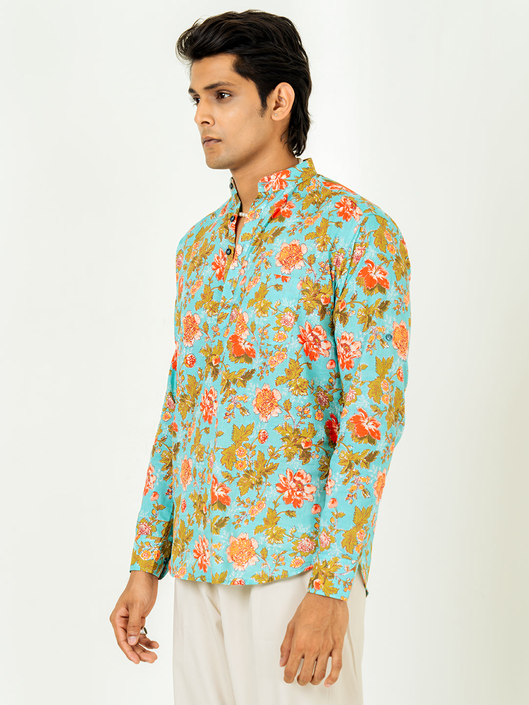 Middle Blue Full Sleeve Sanganeri Printed Short Kurta For Men