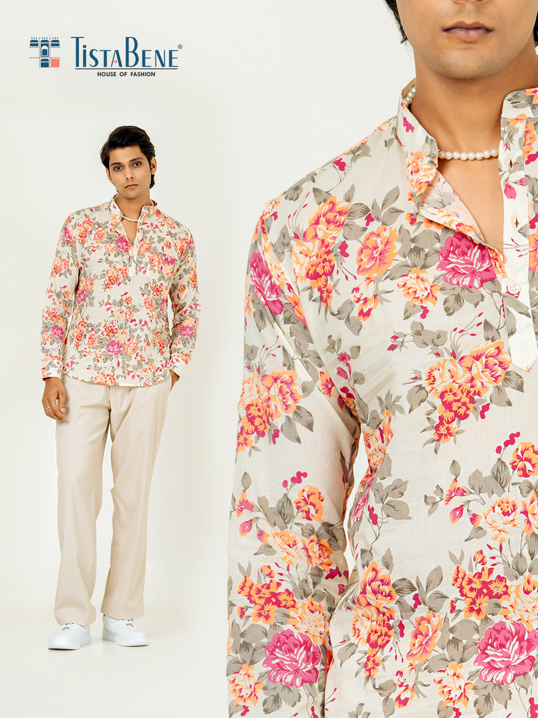 Off White Full Sleeve Floral Printed Short Kurta For Men