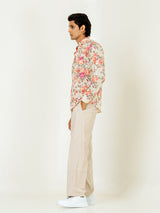 Off White Full Sleeve Floral Printed Short Kurta For Men