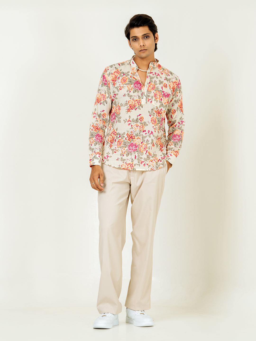 Off White Full Sleeve Floral Printed Short Kurta For Men