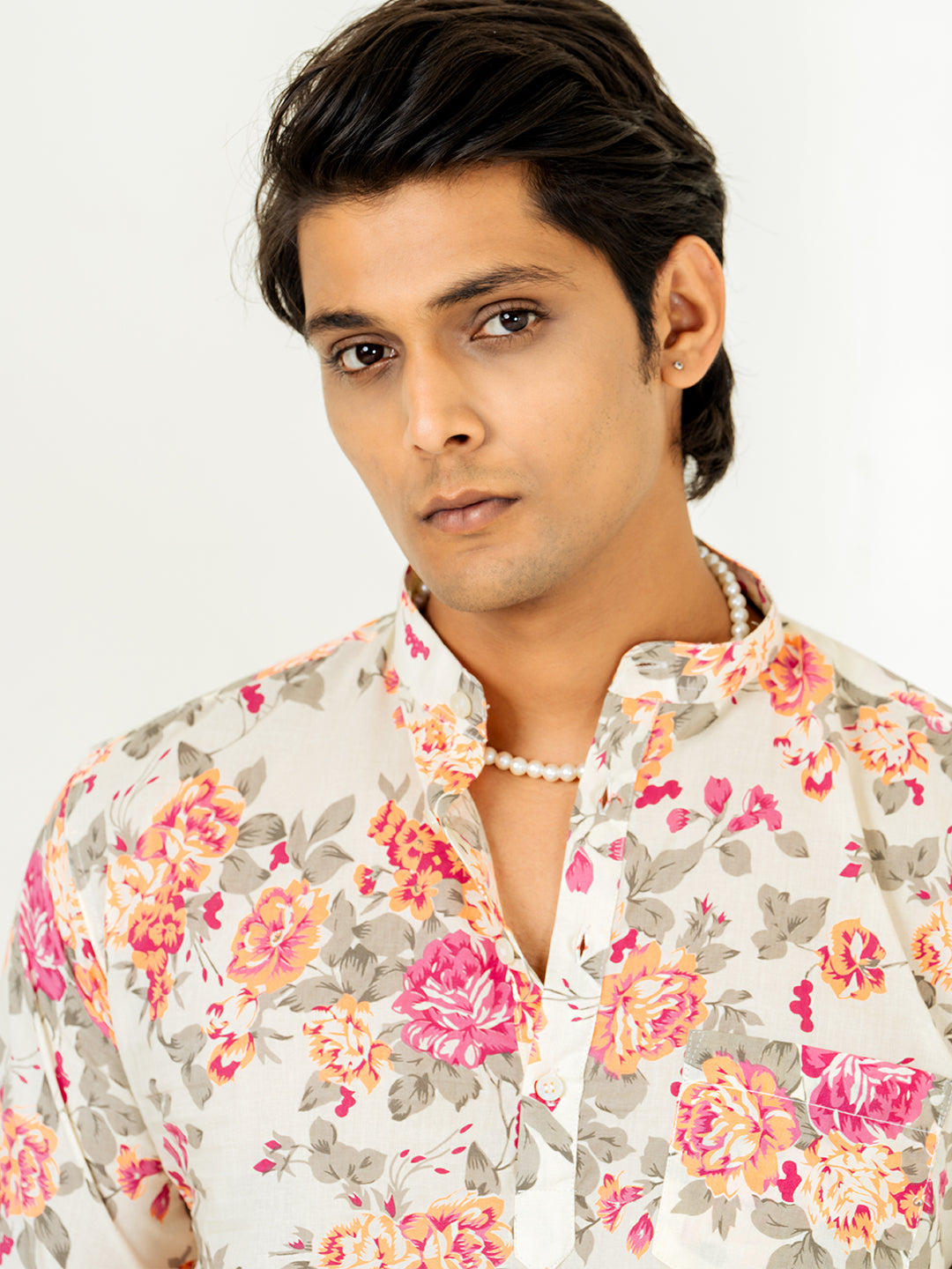 Off White Full Sleeve Floral Printed Short Kurta For Men