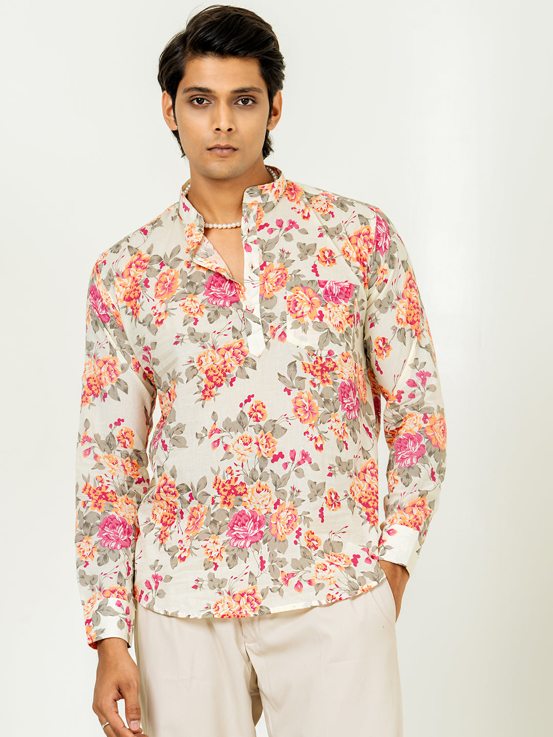 Off White Full Sleeve Floral Printed Short Kurta For Men