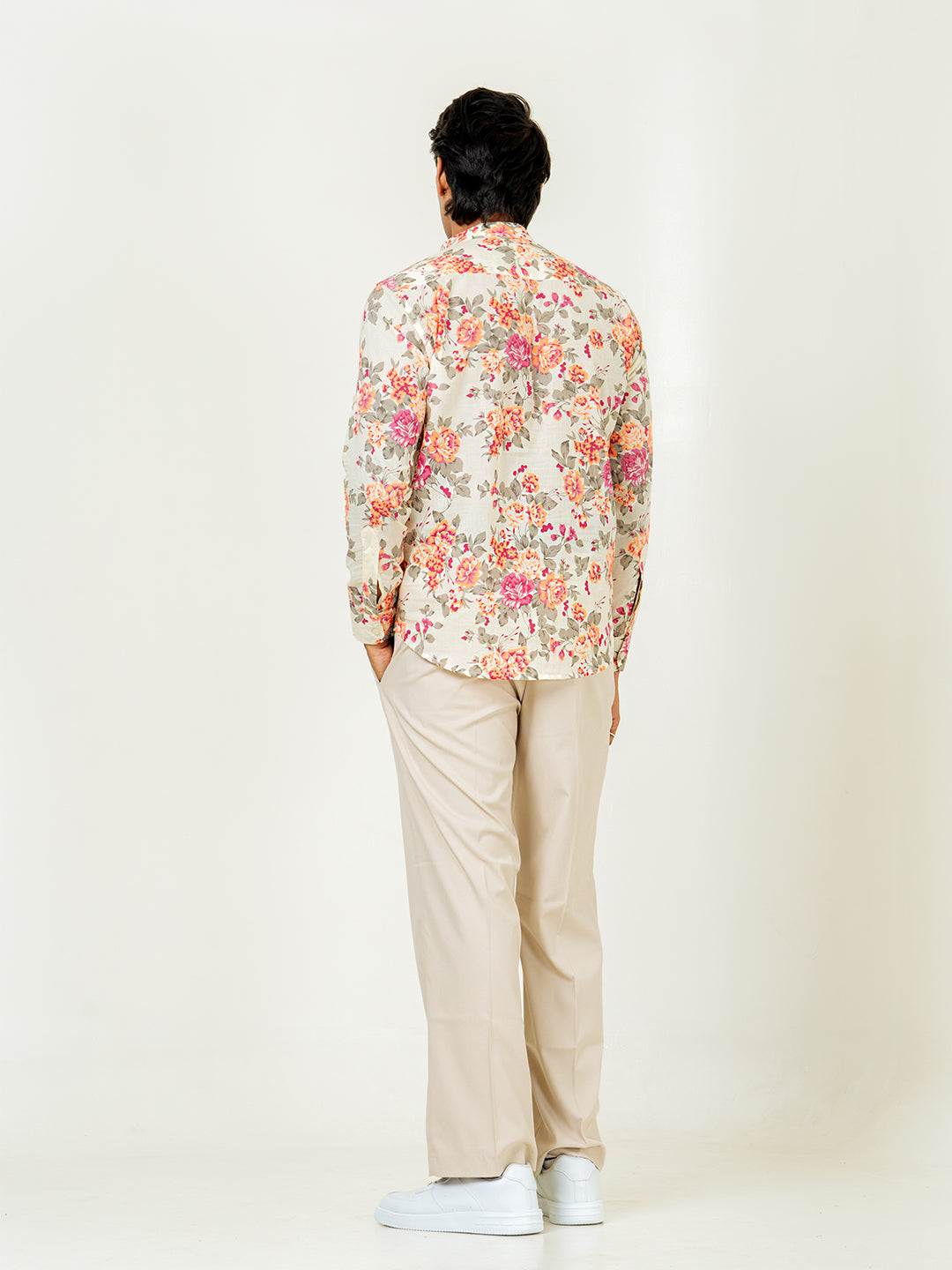 Off White Full Sleeve Floral Printed Short Kurta For Men