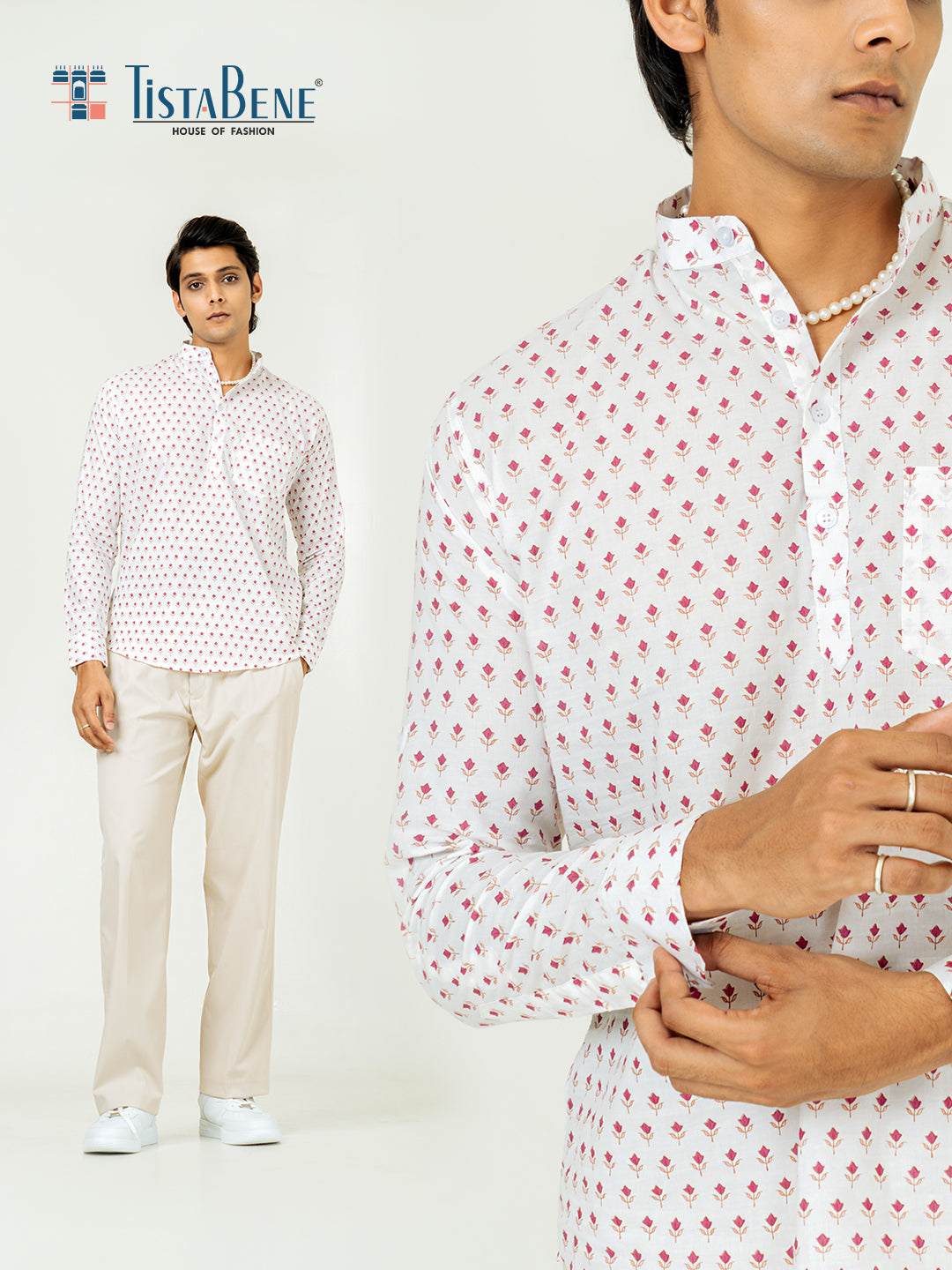 White Full Sleeve Floral Printed Short Kurta For Men