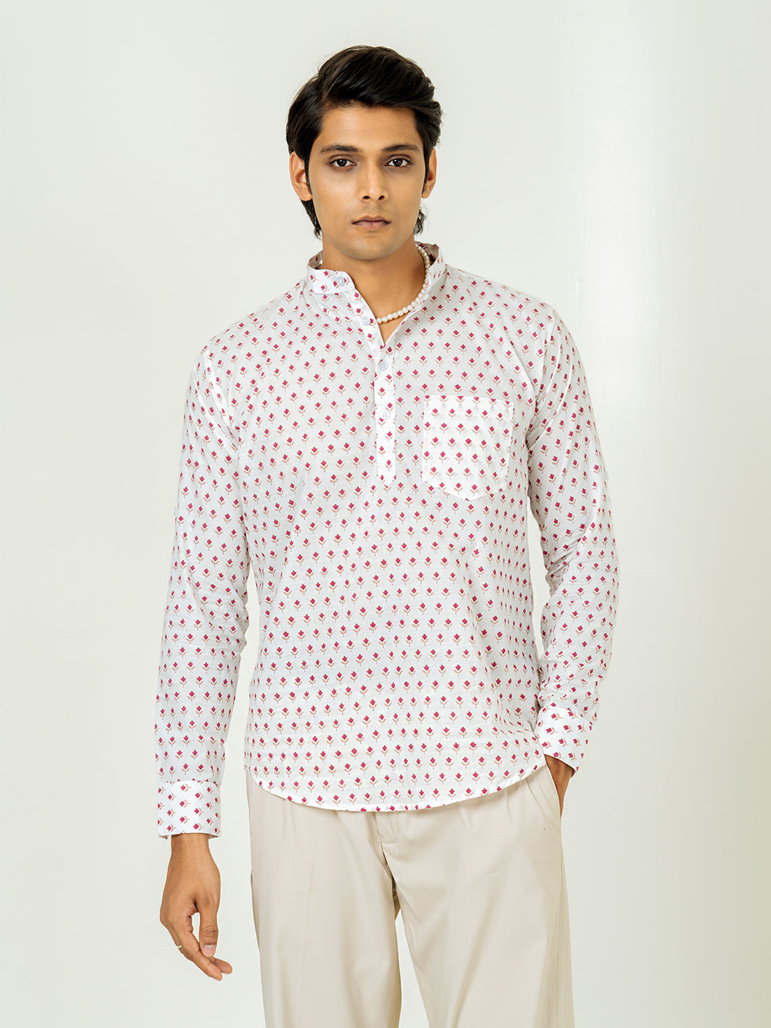 White Full Sleeve Floral Printed Short Kurta For Men