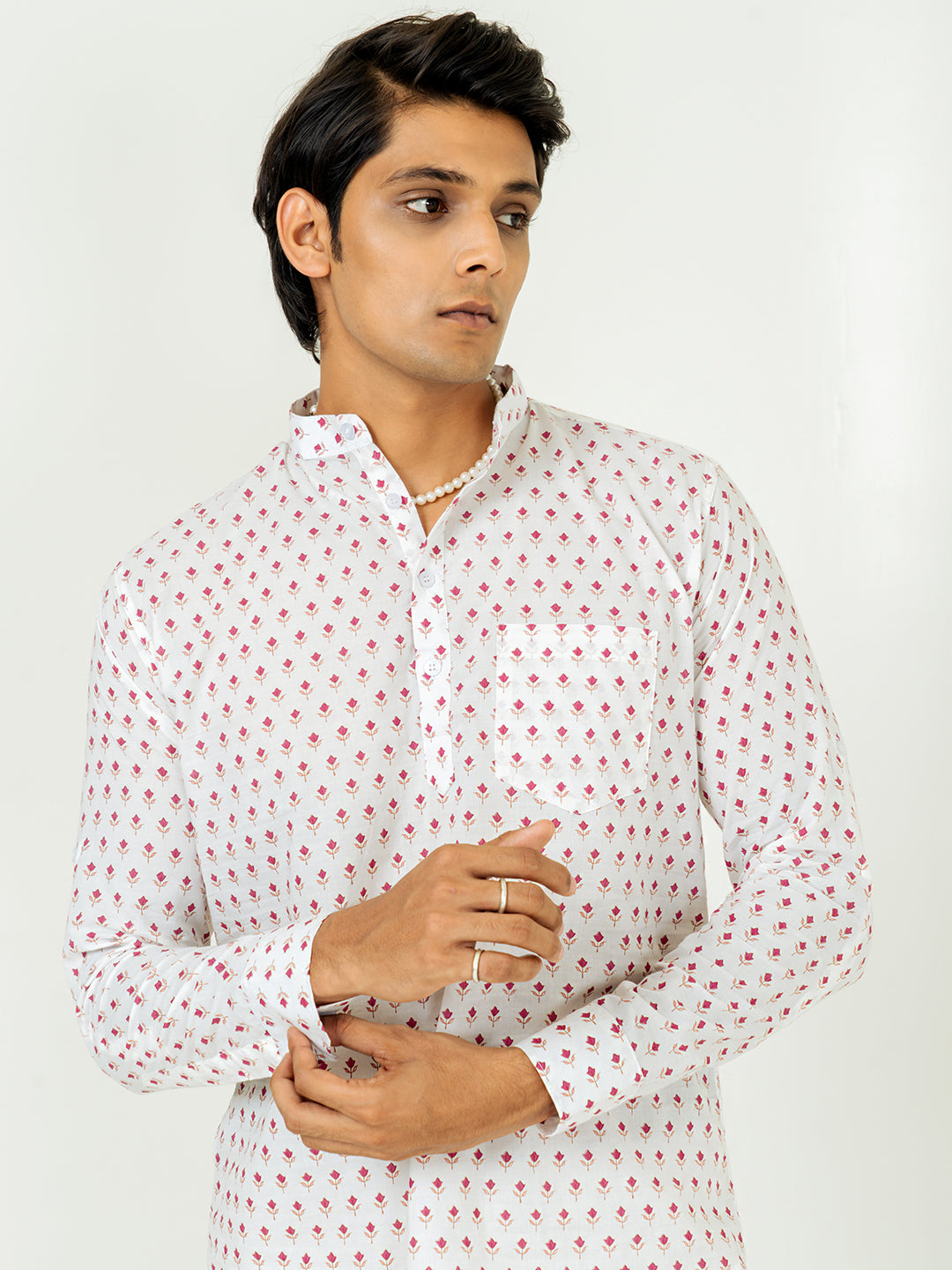 White Full Sleeve Floral Printed Short Kurta For Men