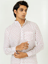 White Full Sleeve Floral Printed Short Kurta For Men