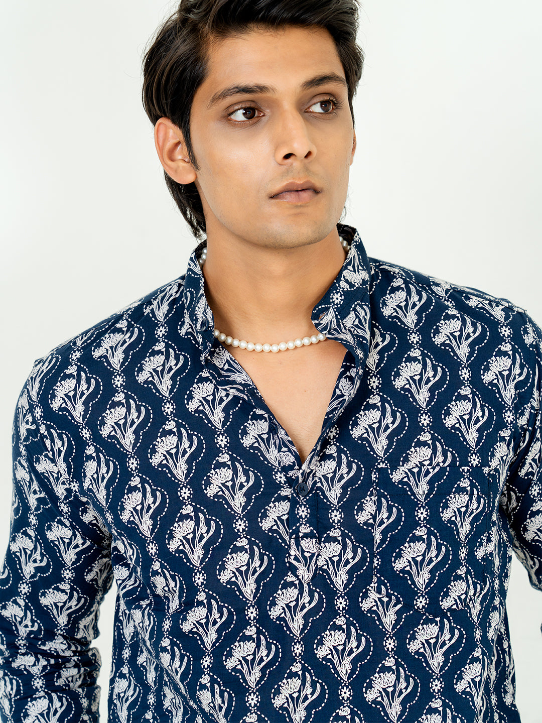 Dark Blue Floral Full Sleeve Printed Short Kurta