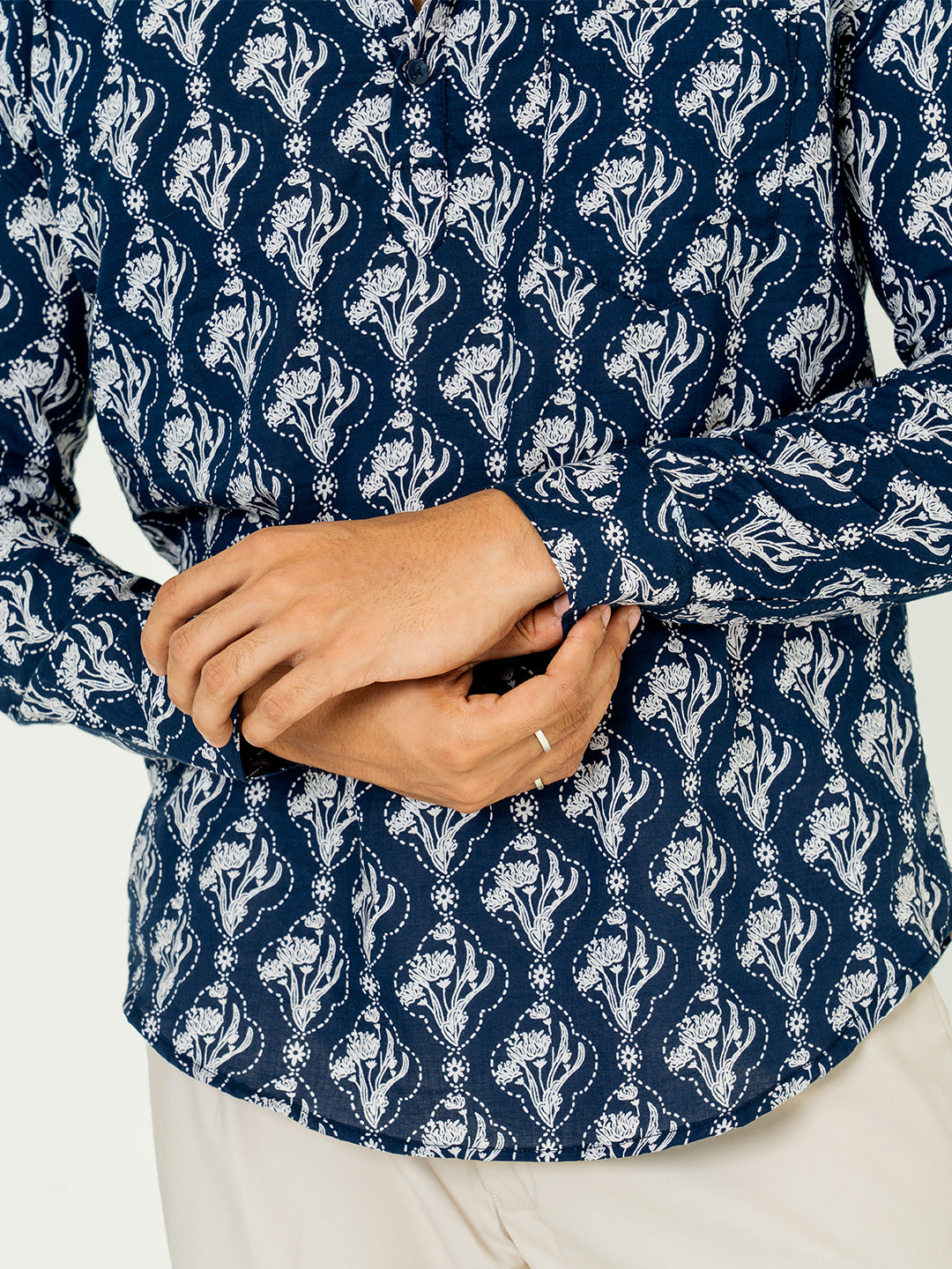 Dark Blue Floral Full Sleeve Printed Short Kurta