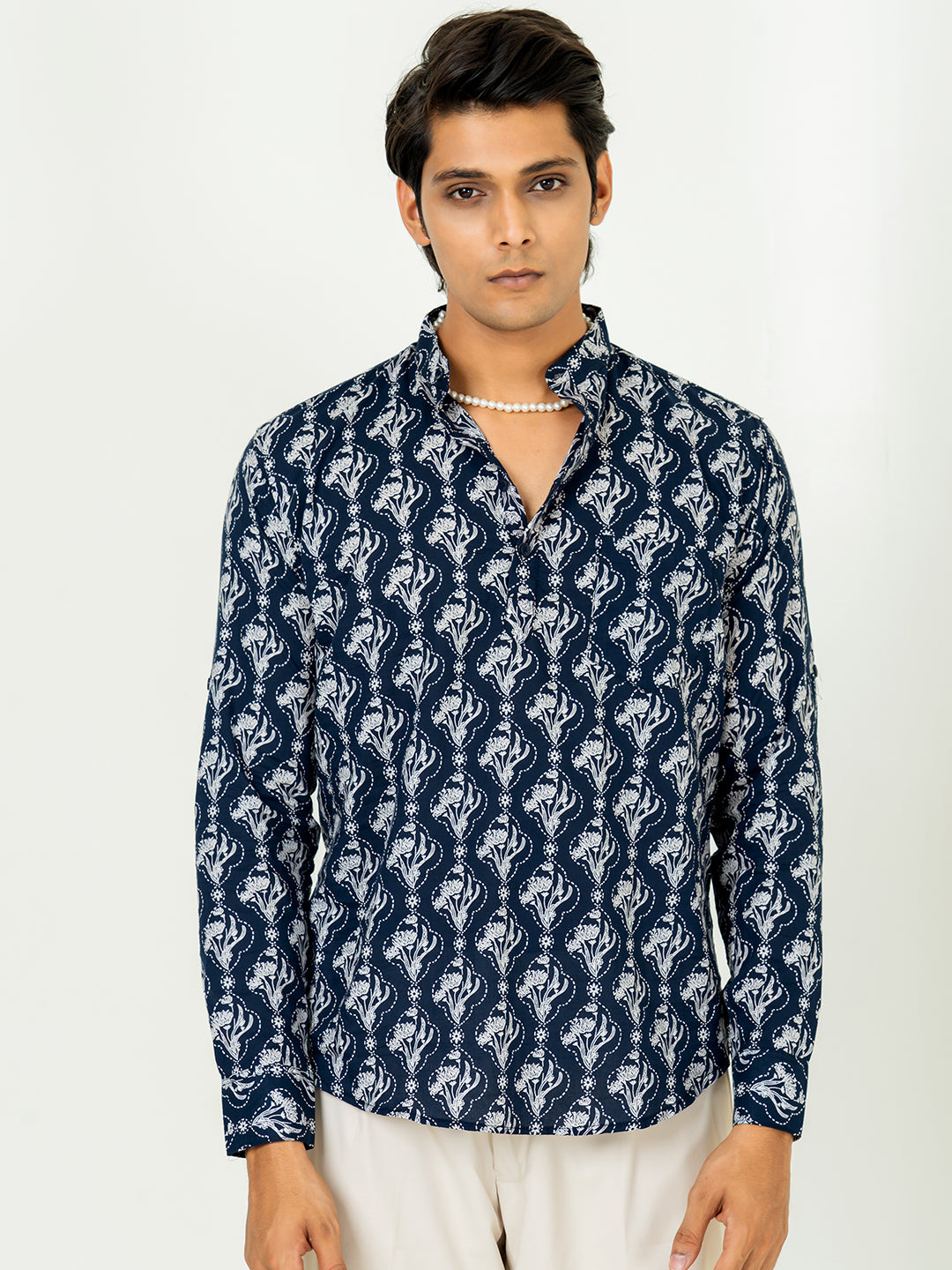 Dark Blue Floral Full Sleeve Printed Short Kurta