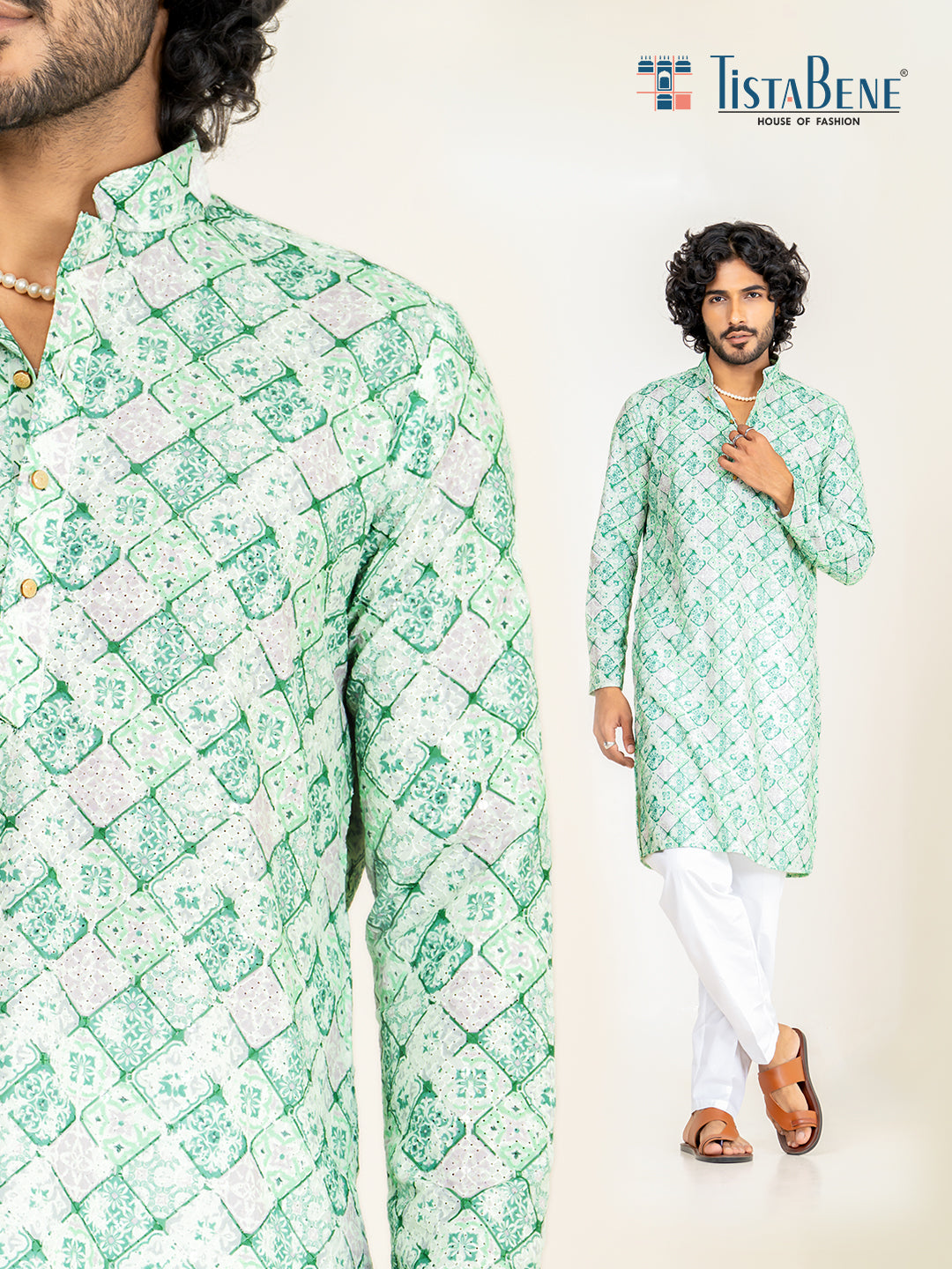 Green Rayon Ari Digital Embroidered Kurta for Men