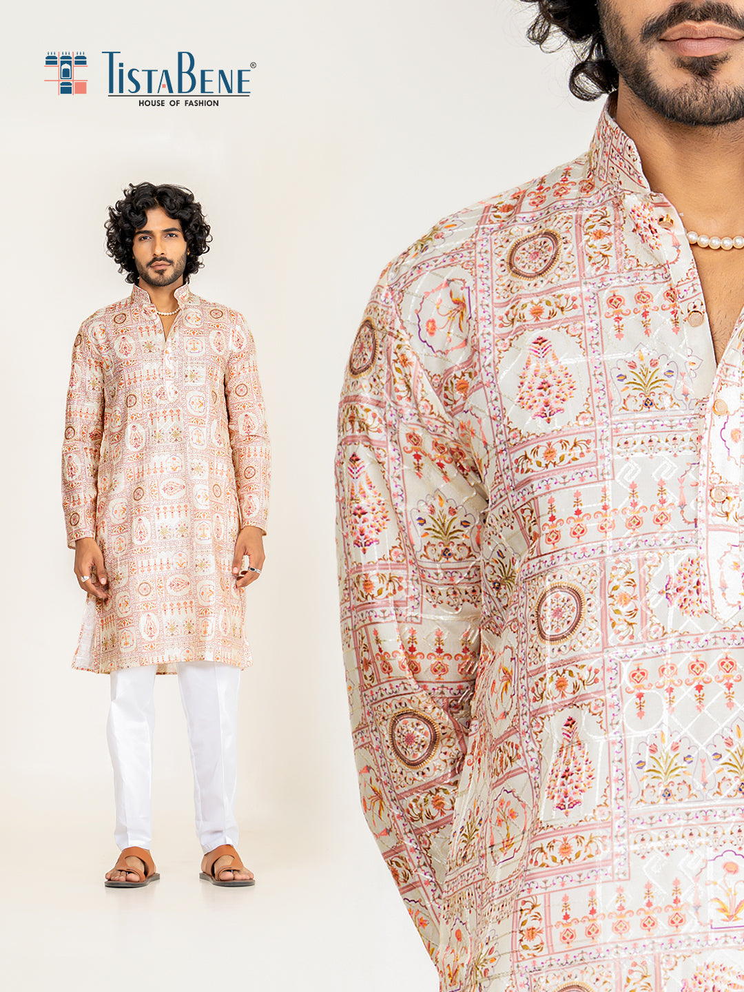 Shiny White Embroidered Kurta For Men