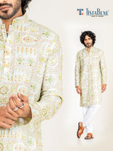 White Kurta With Mint Green Embroidery For Men