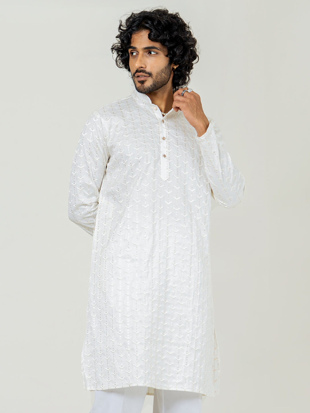 Off White Embroidered Sequences Kurta For Men