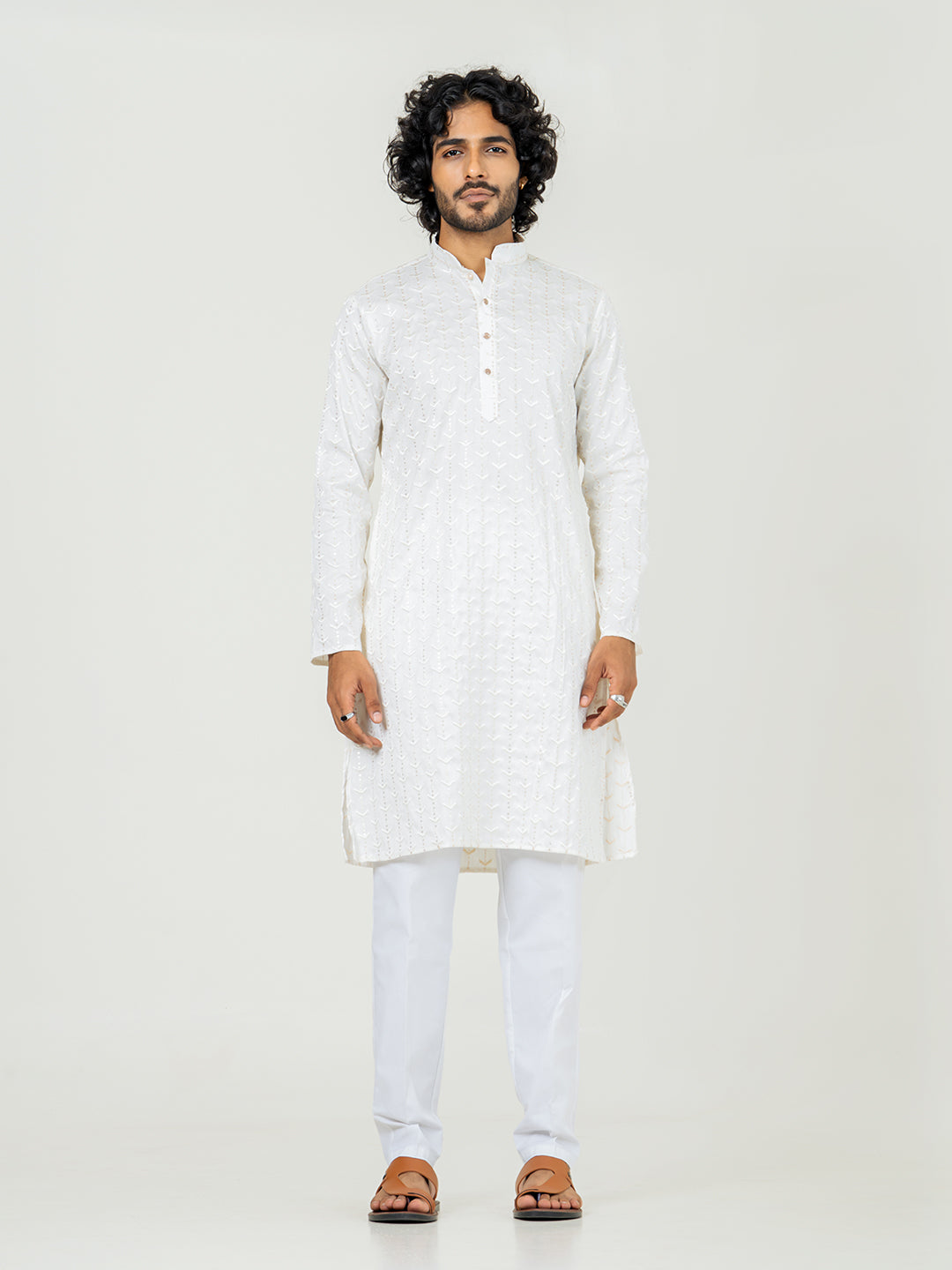 Off White Embroidered Sequences Kurta For Men