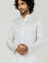 Off White Embroidered Sequences Kurta For Men