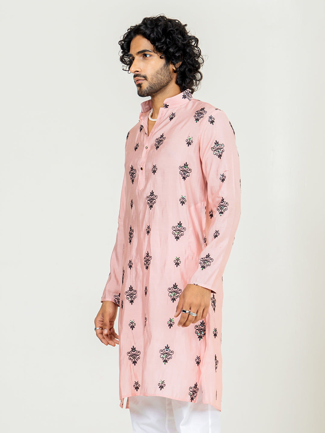 Salmon Pink Embroidered Kurta For Men