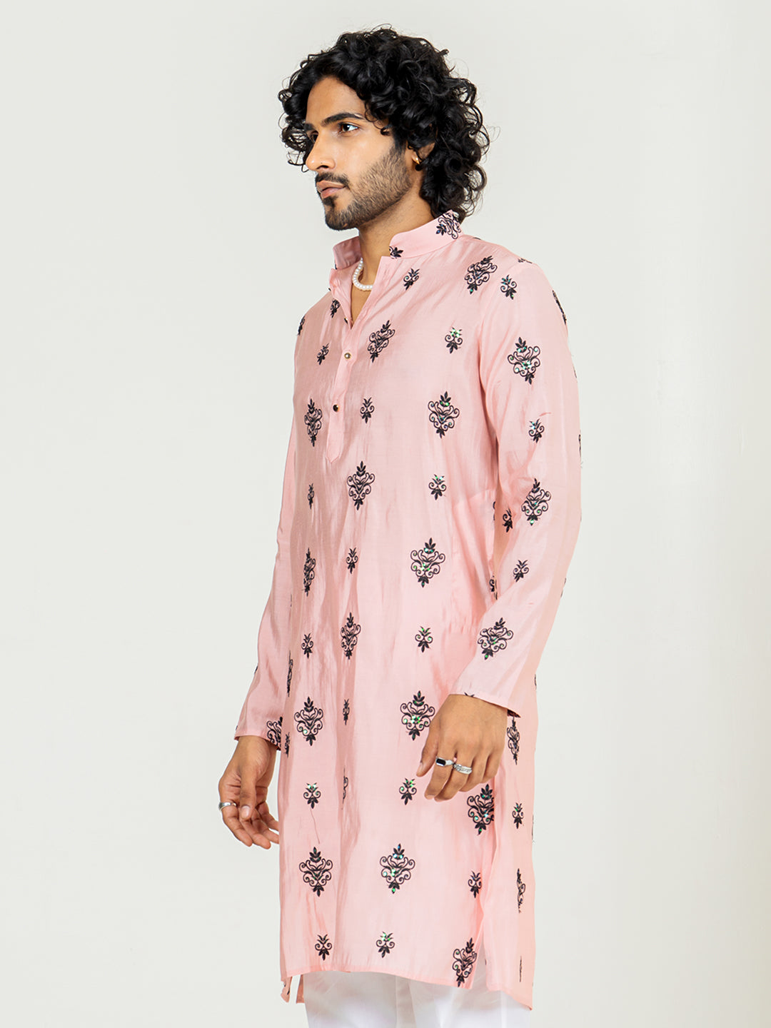 Salmon Pink Embroidered Kurta For Men