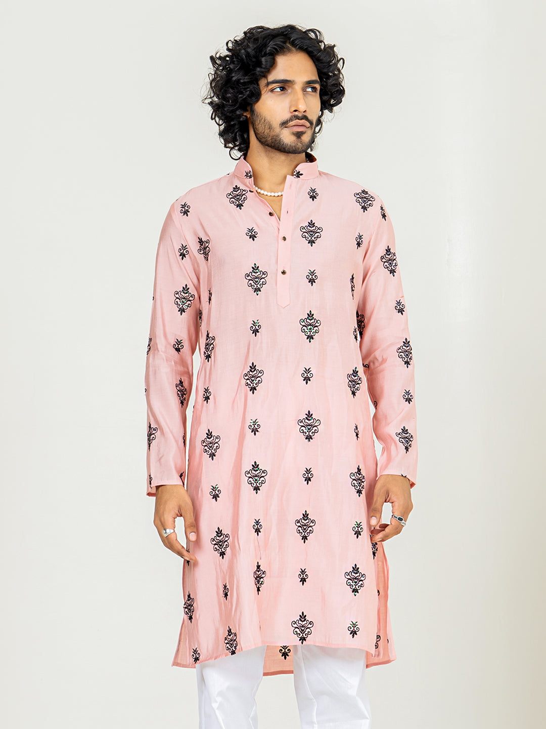 Salmon Pink Embroidered Kurta For Men