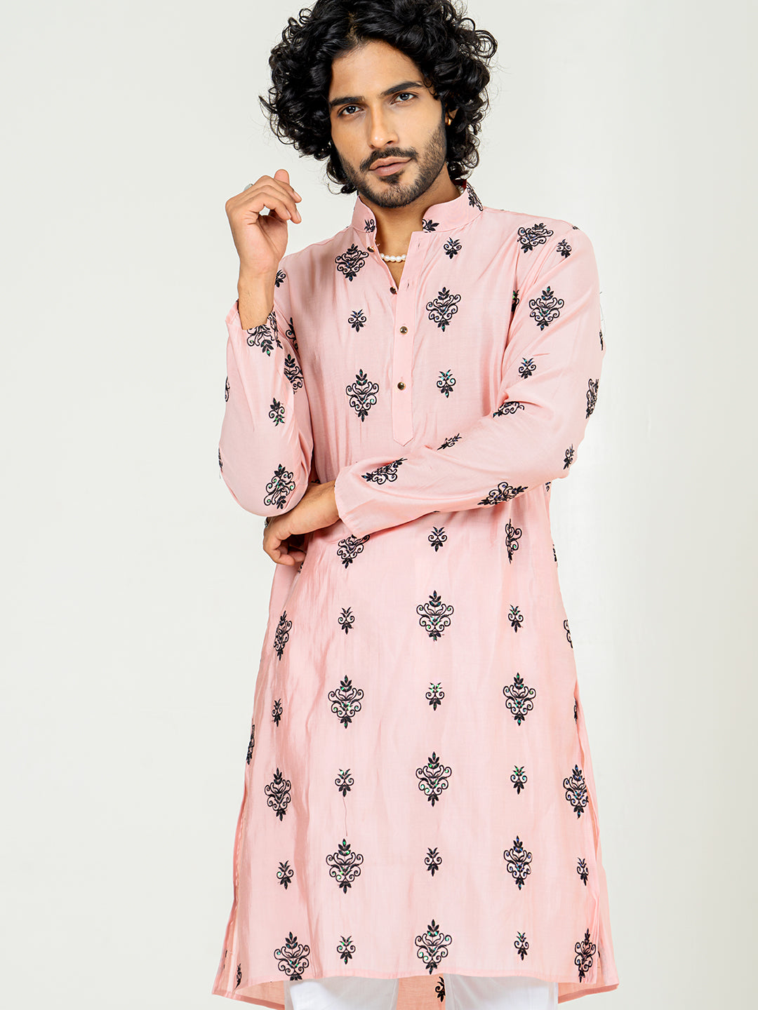 Salmon Pink Embroidered Kurta For Men