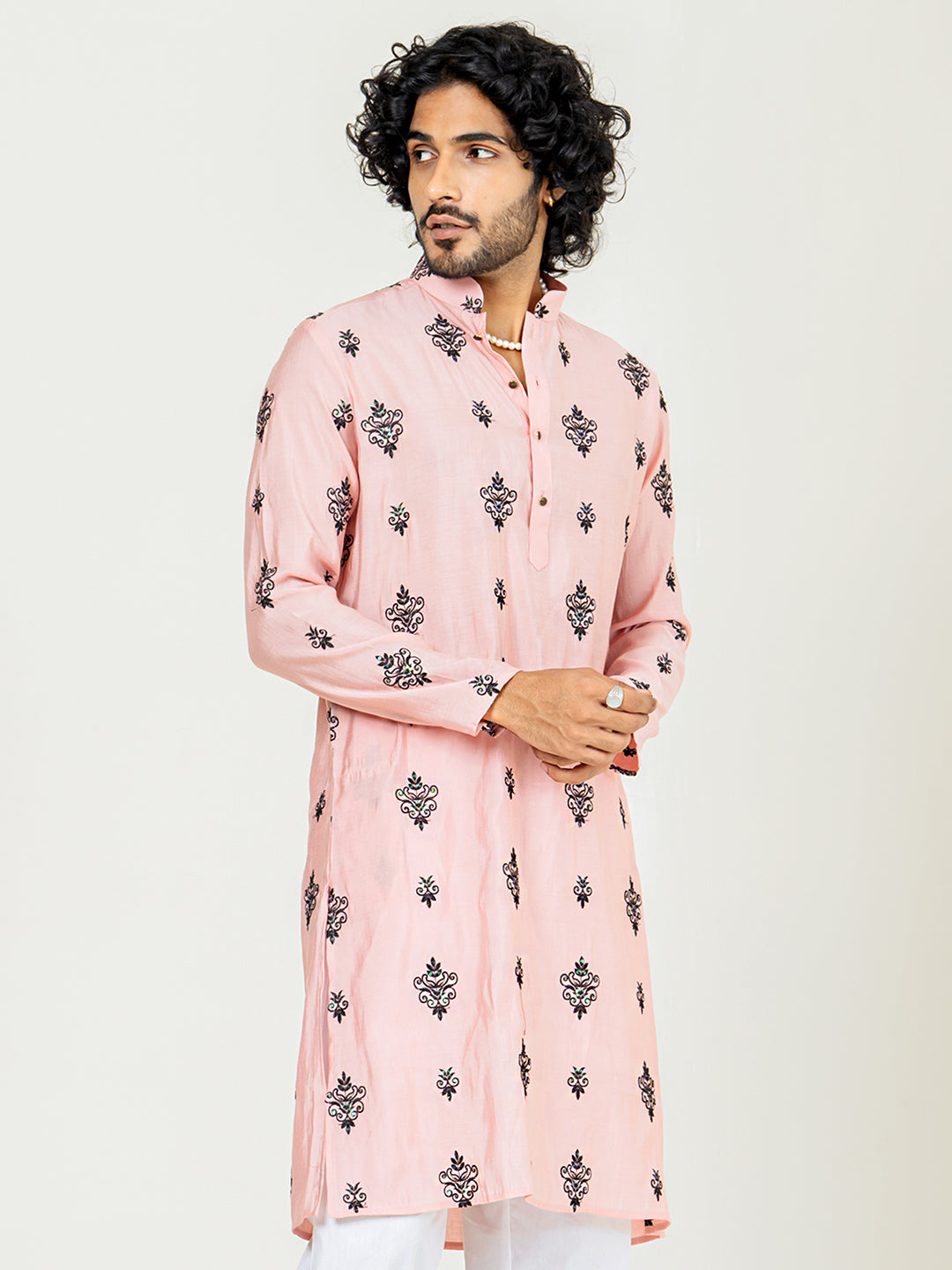 Salmon Pink Embroidered Kurta For Men