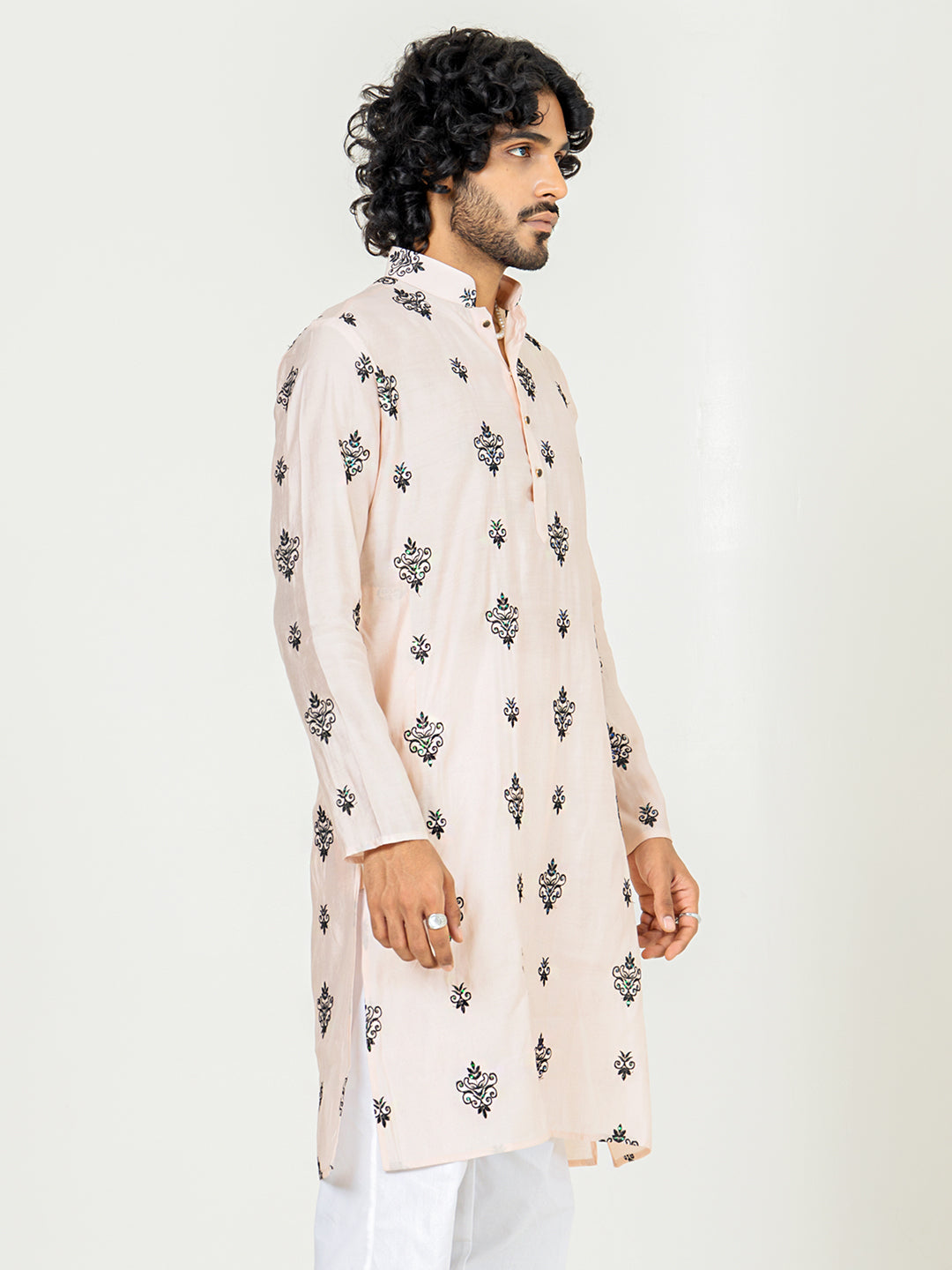 Beige Embroidered Kurta For Men